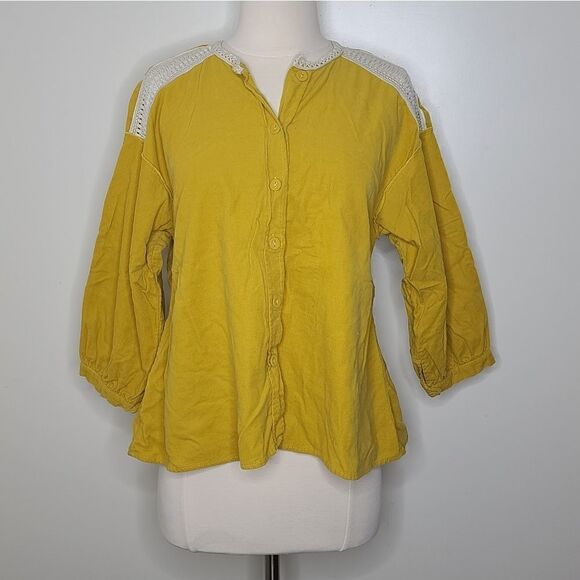 Zara | Mustard Corduroy & Crochet Fitted Blouse - Picture 1 of 6